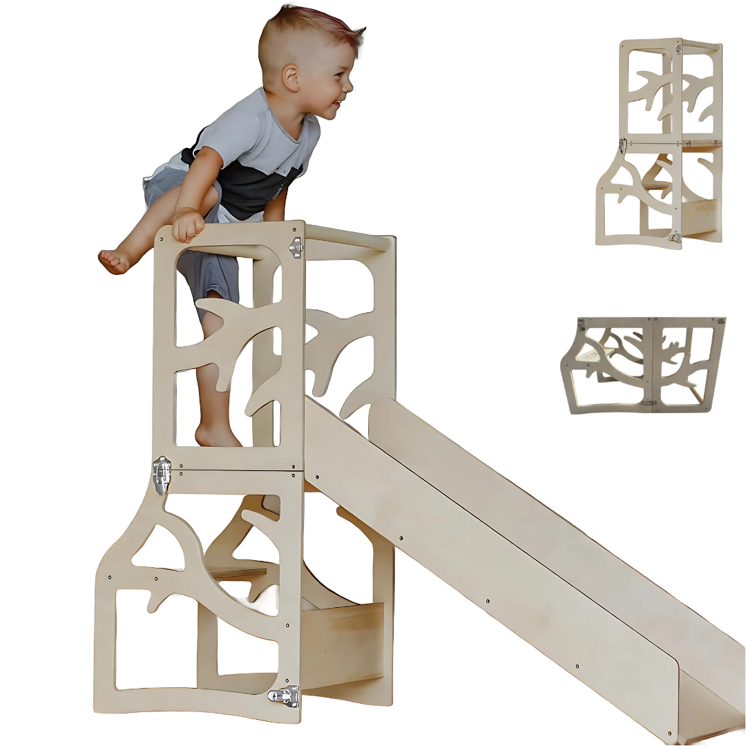 Zonovi Leertoren- Montessori Keukentrap - Learning Tower - Speeltafel - Kindertafel - Kindertrap - Leertoren - Keukentoren - Keukenhulp - Leerstoel - Met Glijbaan - Voor Peuters - Opvouwbaar - Inklapbaar - Hout - Inclusief Antislip Strips