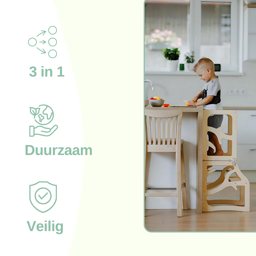 Zonovi Leertoren- Montessori Keukentrap - Learning Tower - Speeltafel - Kindertafel - Kindertrap - Leertoren - Keukentoren - Keukenhulp - Leerstoel - Met Glijbaan - Voor Peuters - Opvouwbaar - Inklapbaar - Hout - Inclusief Antislip Strips