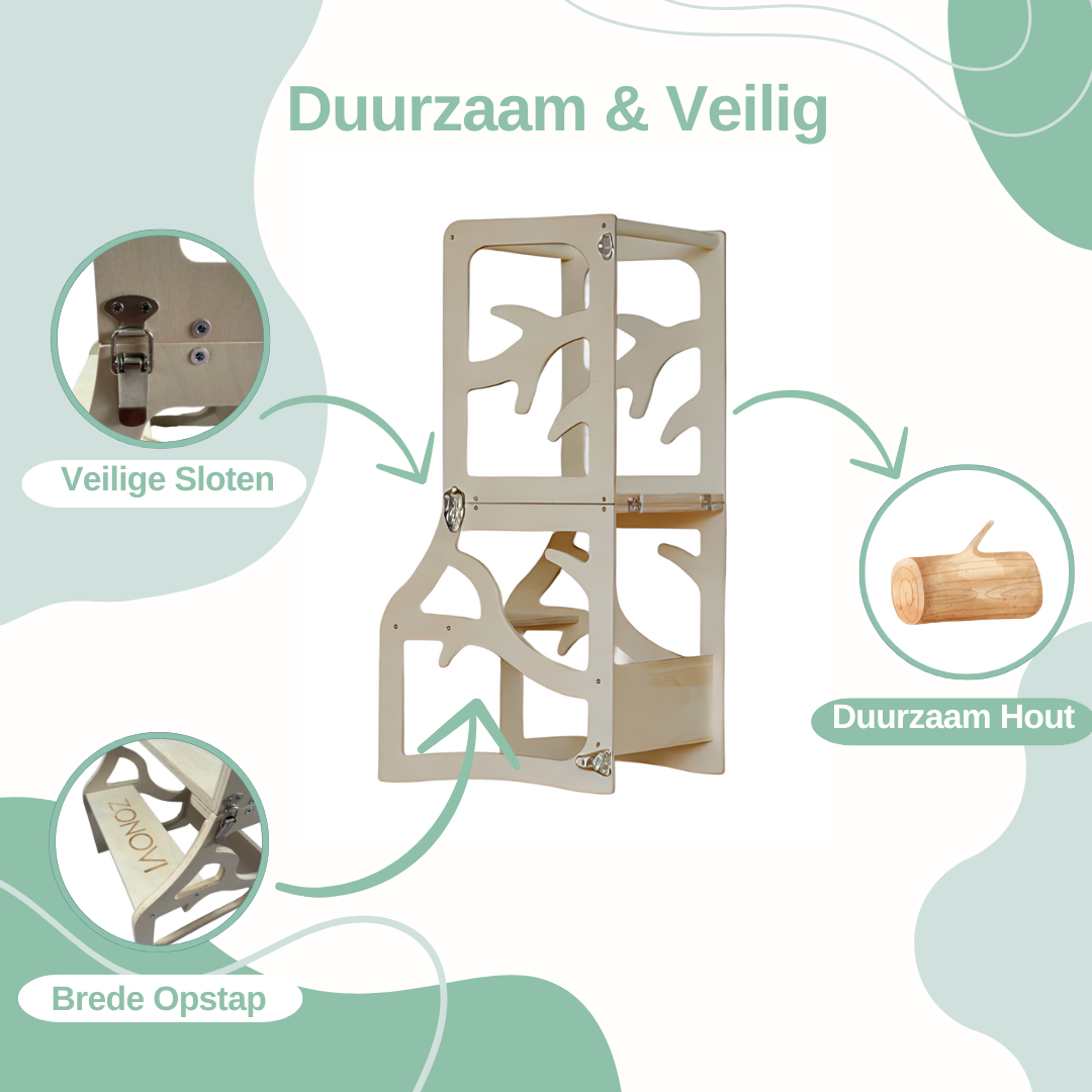 Zonovi Leertoren- Montessori Keukentrap - Learning Tower - Speeltafel - Kindertafel - Kindertrap - Leertoren - Keukentoren - Keukenhulp - Leerstoel - Met Glijbaan - Voor Peuters - Opvouwbaar - Inklapbaar - Hout - Inclusief Antislip Strips