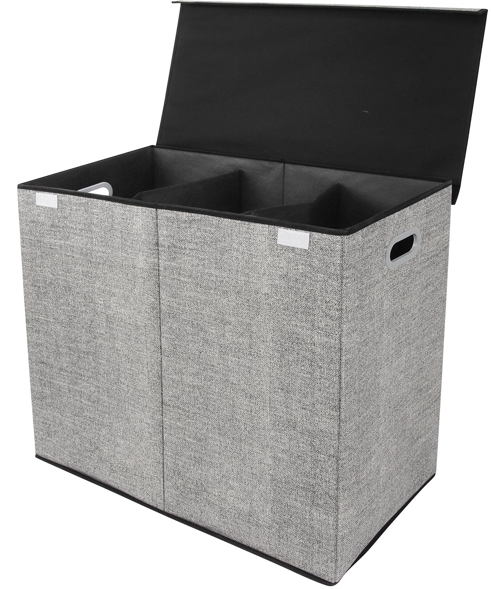 Zonovi Wasmand – 3 Vakken Met Deksel – Opvouwbaar – Wassorteerder – Dubbele Wasmand – Laundry Basket – Wasbox – Organizer Kleding - Stof – Grijs – 110 Liter