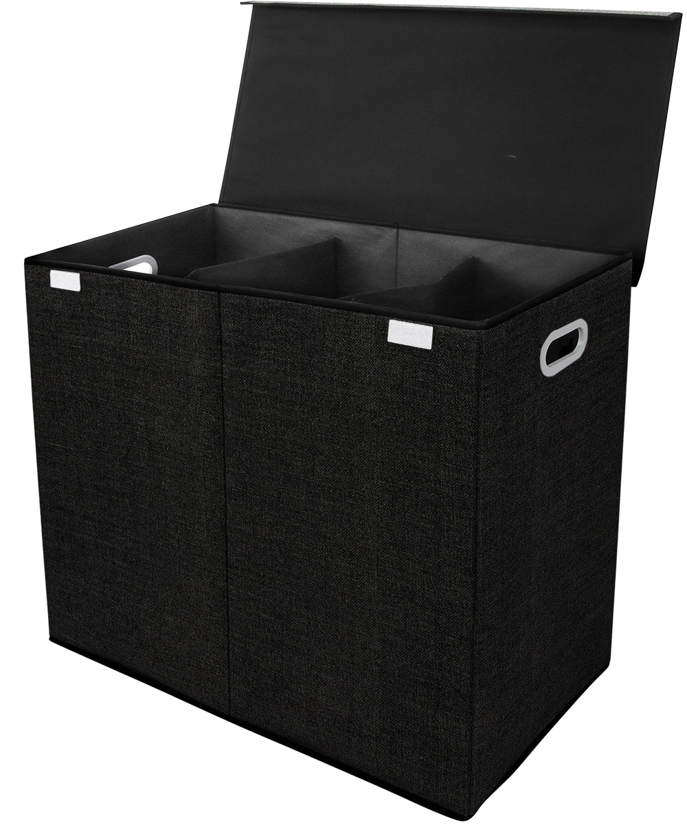 Zonovi Wasmand – 3 Vakken Met Deksel – Opvouwbaar – Wassorteerder – Dubbele Wasmand – Laundry Basket – Wasbox – Organizer Kleding - Stof – Zwart – 110 Liter