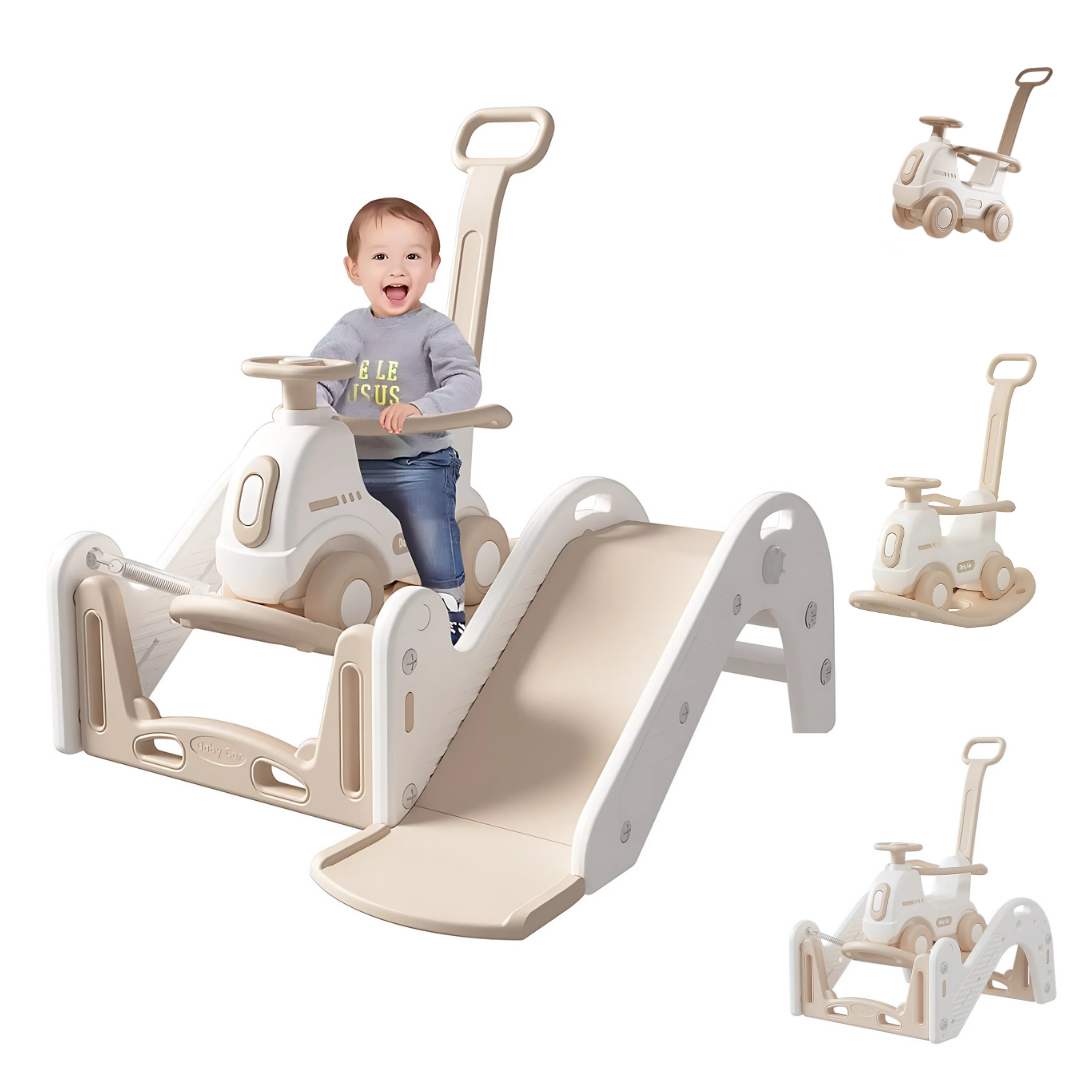 Zonovi 4 in 1 Speeltoestel - Kinderglijbaan - Loopauto met Duwstang - Hobbelpaard - Bouncer - Speelhuis - Speeltoren - Baby - Peuter - Kleuter - Buitenspeelgoed - Binnen en Buiten - Glijbaanset - Speelgoed - Speelplaats - Speelplek - Beige